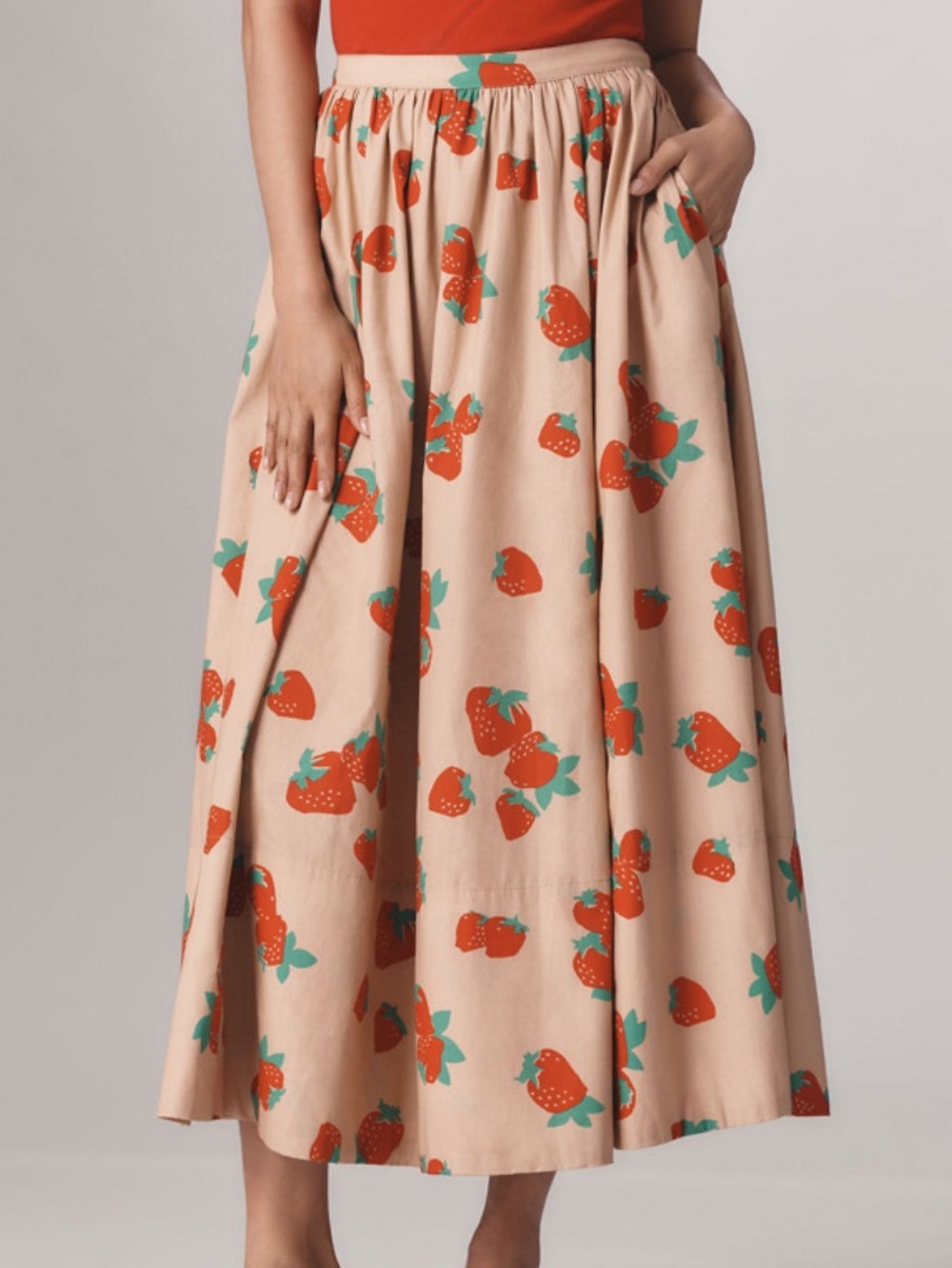EUC, Anthropologie Maeve Josie Poplin Strawberry Maxi Skirt size Small